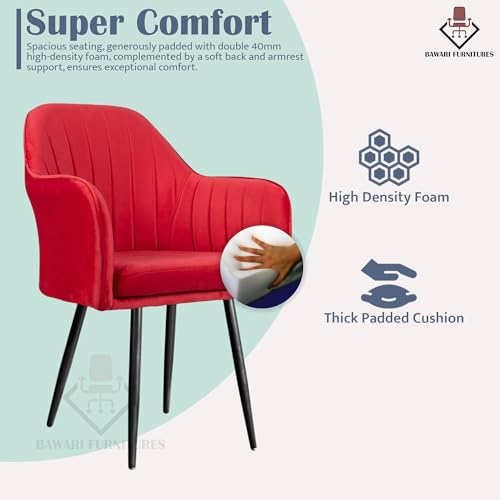 Image of Plush Dining Chair | Accent Chair for Living Room Bedroom Restuarant | Velvet Fabric & Thick Cushion Seat with Sturdy Glossy Metal Legs (Black Legs, Red)