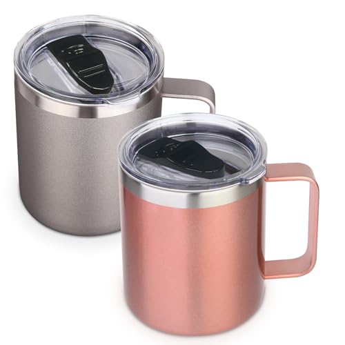 Volhoply 14oz Insulated Stainless Steel Coffee Mug with Lid Bulk 2 Pack Double Wall Vacuum Travel Coffee Cup with Handle Reusable Metal Tumbler Camping Mugs Keep Hot&Cold Christmas Gifts(Mix 2)