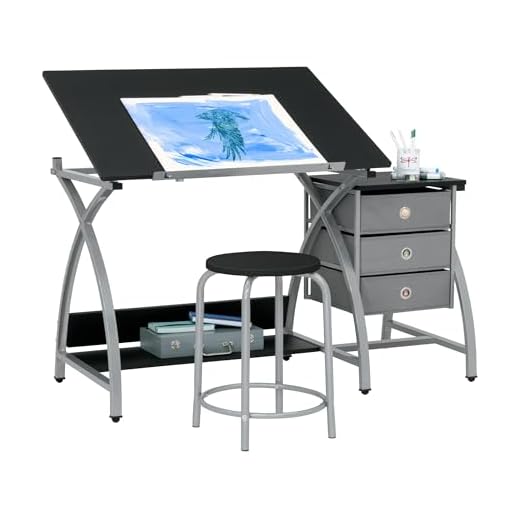 2 Piece Comet Art, Hobby, Drawing, Drafting, Craft Table with 36"W x 23.75"D Angle Adjustable Top and Stool in Silver/Black, Assembled Dimensions: 50" W x x 29.5" H