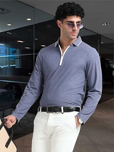 Image of STELLERS Men's Melange Full Sleeve Zipper Polo T-Shirt | Feather Soft Fabric | Breathable | Regular Fit | Quick Dry | Wrinkle Free | Tipping Design