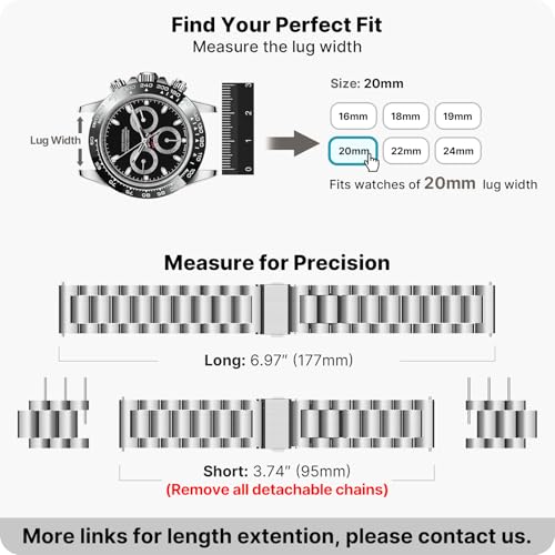 Image of Fullmosa Stainless Steel Watch Band 16mm 18mm 19mm 20mm 22mm 24mm, Quick Release Metal Replacement Strap with Removable Links, Includes Spring Bars & Link Removal Tool for Men Women (20mm, Silver)