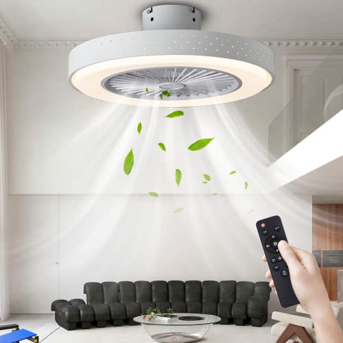 Modern Ceiling Fan With Light Low Profile 20”, Bladeless Ceiling Fan With Light And Remote Control Flush Mount Ceiling Fan Light 3 Colors 3 Speeds Timer For Bedroom Kids Room Living Room White #TOP19