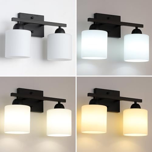 Image of Mecgirn Milk Glass Vanity Lights for Bathroom, 2 Light Matte Black Bathroom Light Fixtures Over Mirror, Ceramic E26 Sockets Wall Mounted