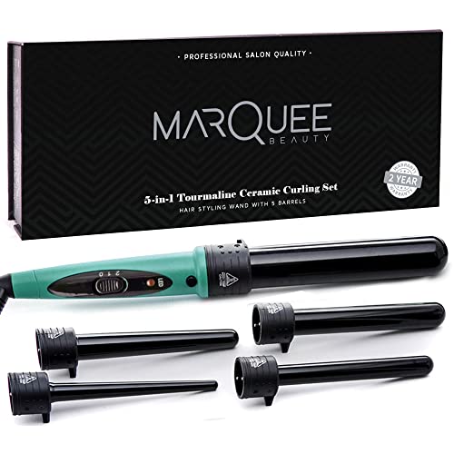 Marquee Beauty Professional Salon 8 Piece Flat And Curling Iron Set, 5 Interchangeable Ceramic Tourmaline Barrels, Heat Protectant Glove (Black)