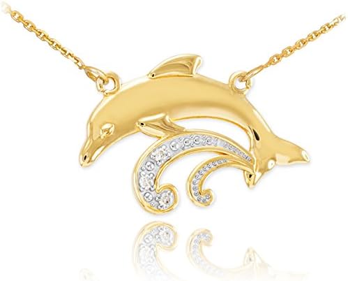 Sea Life Collection 14k Yellow Gold 3-Stone Diamond Jumping Dolphin Pendant Necklace