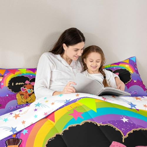 Image of Erosebridal Black Girls Full Comforter Set African Princess Bedding Set Dreamy Rainbow Magical Comforter Cute Little Princess Bed Sets for Kids Melanin Bedroom Decor (1 Comforter, 2 Pillowcases)