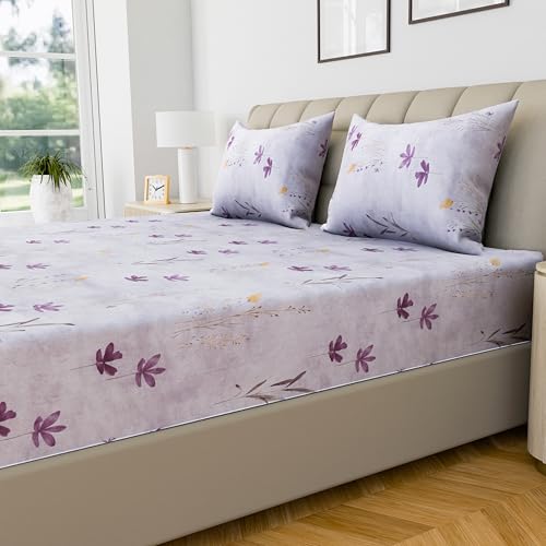 Image of LINENWALAS 100% Cotton Fitted Bed Sheet for Super King Size Bed, Printed All Around Elastic Bedsheet (78 x 78 Inches) with 2 Pillow Covers | 210 TC Soft Breathable, Luxury Bedsheet (Haze of Lavendor)