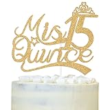 LOVELY BITON Gold Glitter Mis Quince 15 Cake Topper, 15th Birthday Cake Decor, Mis Años 15/Hello 15, Happy 15th Birthday Anniversary Party Decorations Supplies for Teen Girls