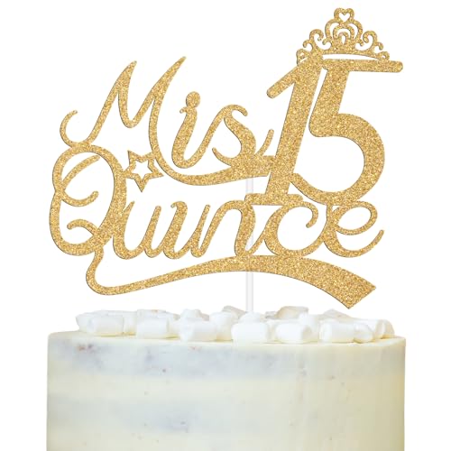 LOVELY BITON Gold Glitter Mis Quince 15 Cake Topper, 15th Birthday Cake Decor, Mis Años 15/Hello 15, Happy 15th Birthday Anniversary Party Decorations Supplies for Teen Girls