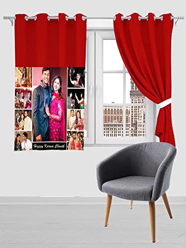 Image of Crush Fabric Photo Personalise 2 Curtains & 1 Cushion with 8 Eyelet for Living Room Bedroom Home Office 4 x 5 Feet Style 134 (Set of 3) (Red)