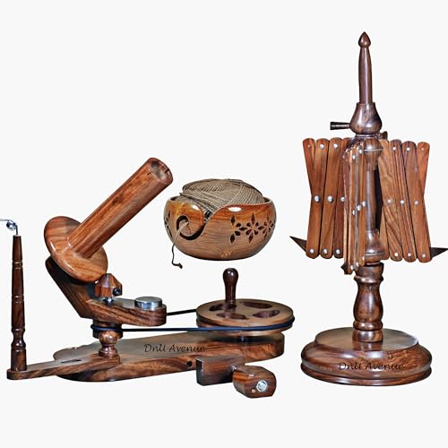 DnU Avenue Hand Operated Yarn Ball Winder, Table Top Yarn Swift, Wooden Yarn Winder for Crocheting, Yarn Winder for Knitting Combo, Yarn Winder Swift Combo and Yarn Storage Bowl (Indian Rosewood)