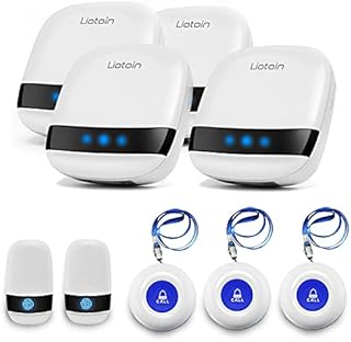 LIOTOIN Wireless Caregiver Pager Elderly Alarm Call Button Personal Alarm Call Bell Panic Alarm Systems For Elderly/Patient/Disabled/Nurse 5 Transmitter 4 Plug-in Receiver (600+ft Operating Range)