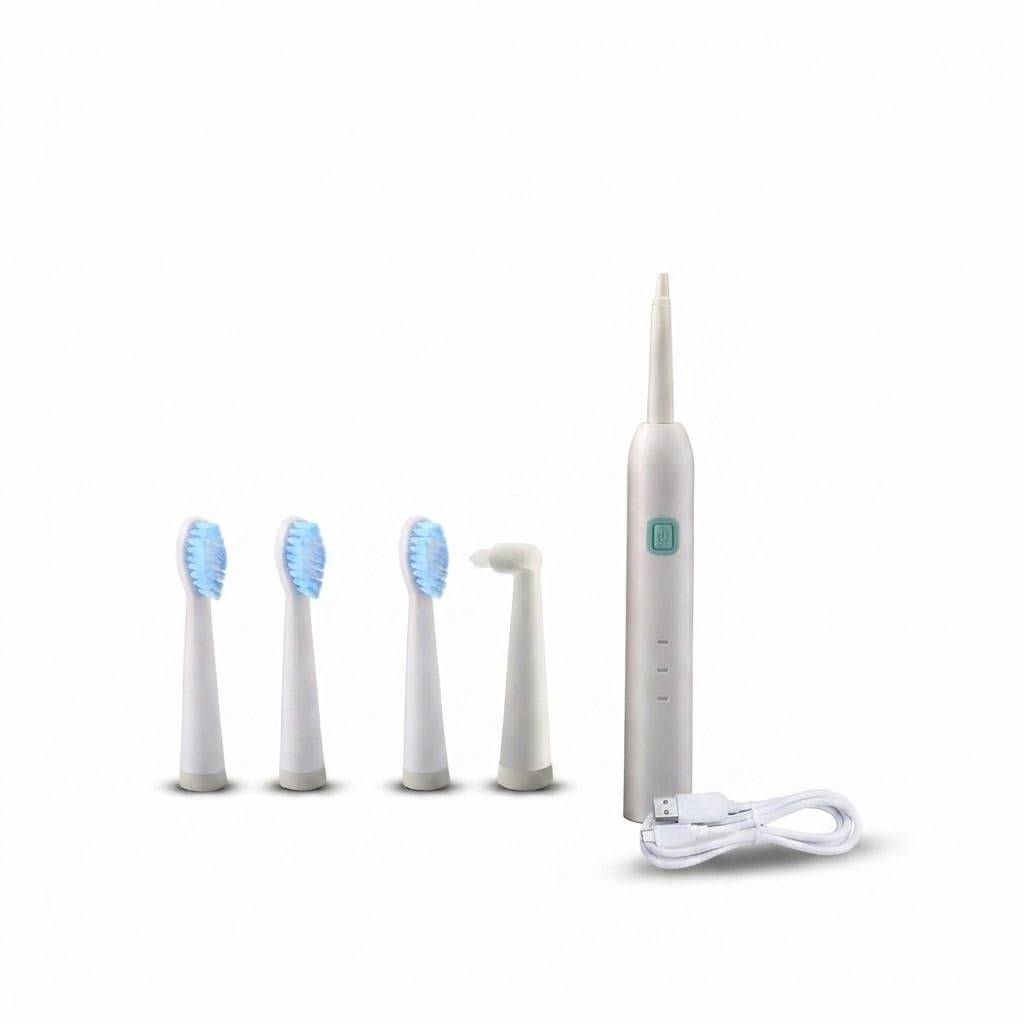 drumstone (10 year warranty) rechargeable electric toothbrush with 3 replaceable brush heads, interdental cleaning head, usb charging cable and portable handle for everyday oral care