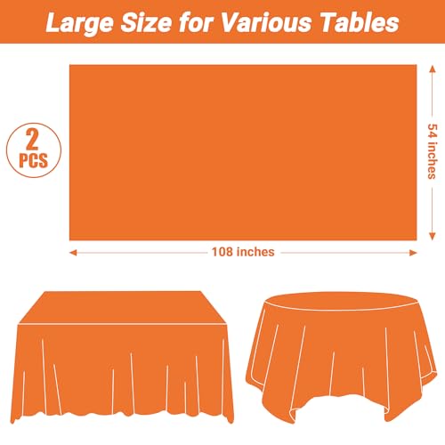 Image of 2 Pack Picnic Table Cover, 108 x 54 Inches Orange Plastic Tablecloth, Rectangle Tablecover Orange Disposable Tablecloth, Tear Resistant Table Decor Party Supplies for Wedding Birthday Anniversary