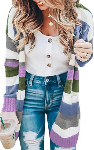 Image of ECOWISH Women Cardigan Sweaters Long Kimono Striped Long Sleeve Open Front Color Block Cozy Knitted Coat Outwear Winter Fall