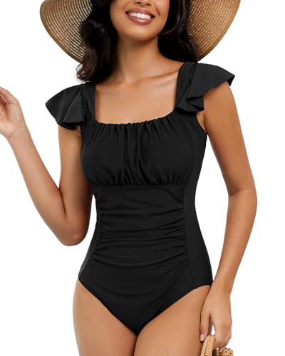 Women's One Piece Swimsuits Tummy Control Bathing Suits Ruffle Ruched Square Neck Swimwear with Adjustable Straps