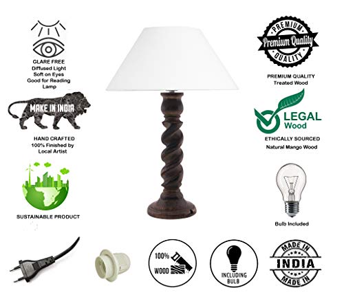 Image of Homesake Classic Twister Wooden Table Lamp with Fabric Shade | Handcrafted Bedside Lamp with E27 Holder| Bulb Included |Warm Light Night Lamp for Bedroom, Living Room, Study & Home Decor, Beige