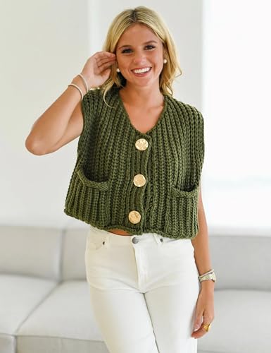 Sweater Vest for Women 2025 Casual Cropped Open Front Sleeveless Chunky Knit Top Button Down Cardigan with Pockets2