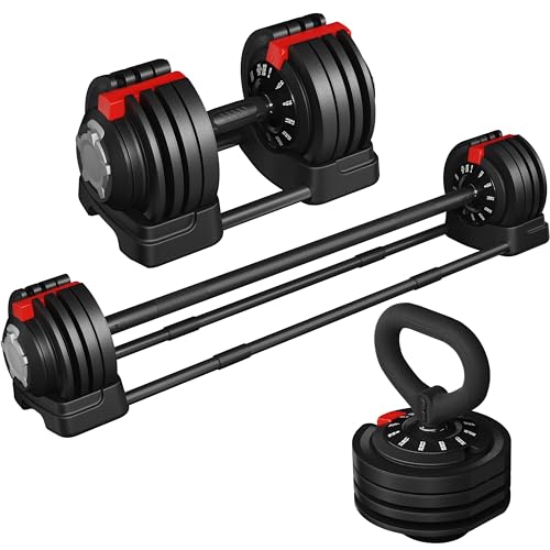 Yaheetech Adjustable Dumbbell Set Free Weight Dumbbells 52.5lbs Fast Adjust Dumbbells 3 in 1 Dumbbell Weight Set Used as Barbell, Kettlebells, with Tray, for Men/Women Strength Training Equipment