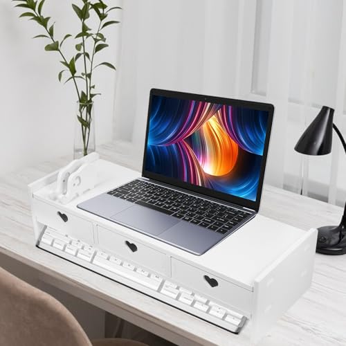 Soporte elevador de monitor con cajones de PVC y compuesto madera-plástico para escritorio de oficina 6