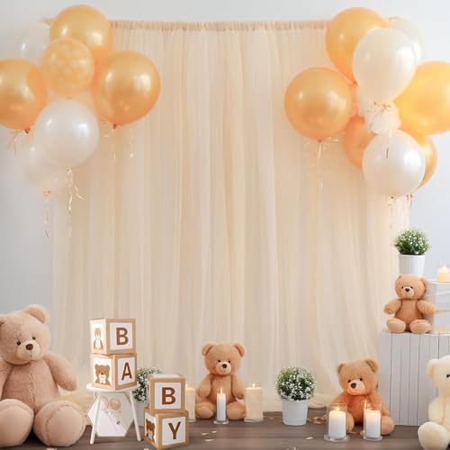 Image of White Net Backdrop Curtain Set for Decoration, 2 Pieces, 8 x 5 feet, for Wedding, Birthday, Anniversary, Engagement (Cream)