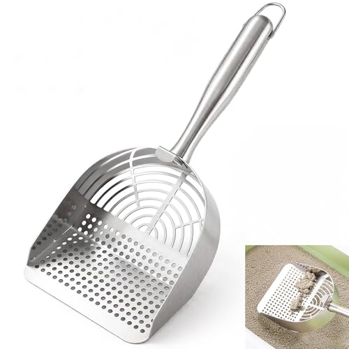 Fyunlle Edelstahl Katzenstreuschaufel Reinigt Klumpstreu im Katzenklo mühelos mit 4mm & 10mm Sieb. Langer Griff und Haken zum Aufhängen. Rostfreies Metall tiefes Design Silber