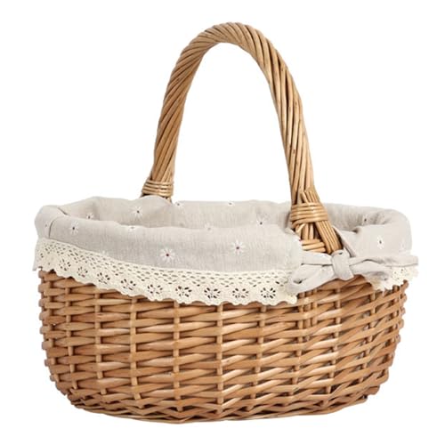 Handy Wicker Shopping Basket Outdoor Picnics Bag Fruit Vegetable Bread Container with Removable and Washable Lining with Removab