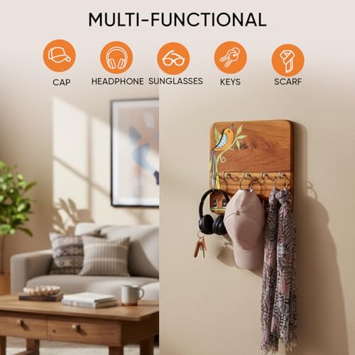 Image of AAKRITI ART CREATIONS Key Holder, Kyoku Hand Painted Wooden Key Holder with Colorful Bird Art | Rustic Akasia Wood Wall Organizer with 4 Hooks | New Home Gifts.