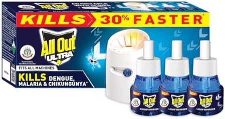 All Out Ultra Liquid Vaporizer, Machine + 3 Refills (45ml each) | Kills Dengue, Malaria & Chikungunya Spreading Mosquitoes| India's Only Mosquito Killer Brand Recommended by Indian Medical Association