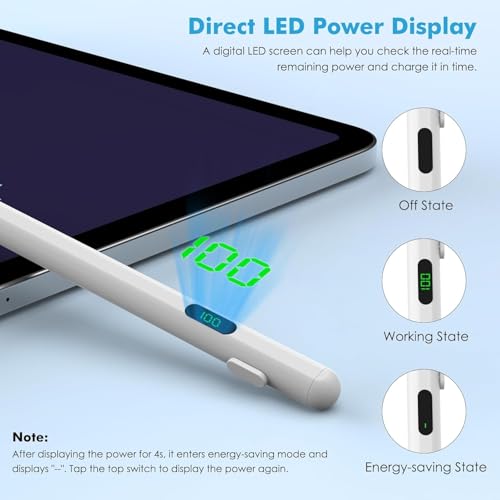 Image of iPad Pencil, Stylus Pen for iPad with Real-Time Led Power Display, Pencil for iPad 6 /7 /8 /9 /10gen, iPad Air 3 /4 /5 /6(M2), iPad Pro 11 inch /12.9 inch(M4), iPad mini 5 /6 /7, Stylus for iPad 2018 & Later