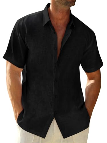 Runcati Mens Button Down Linen Shirts Short Sleeve Casual Collared Summer Beach Untucked Tops