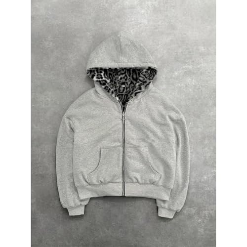 Fleece Lined Leopard Print Zip Up Hoodie Jacket Casual Loose Fit Pocket Street Style Warm Comfortable Streetwear2