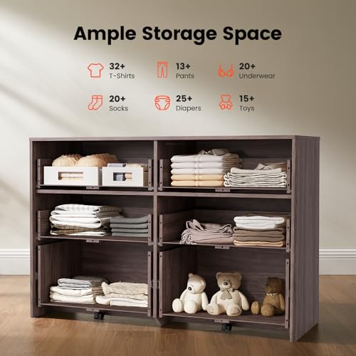 Image of Amada Modern 6 Drawer Dresser, Fluted Wood Chest of Drawers with Rounded Corners, Pre-Installed Drawer Slides, Dresser TV Stand and Storage Organizer for Bedroom, Hallway, Walnut