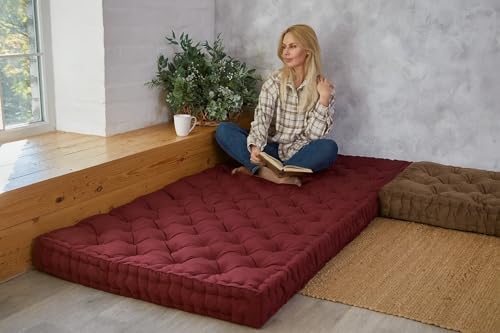 Image of ATOOTFUSION Cotton Floor Mattress, 4 inch Thick Tufted Cushion, 72 x 30 inch, Foldable, Rollable Light Weight Cotton Mattress (Maroon)