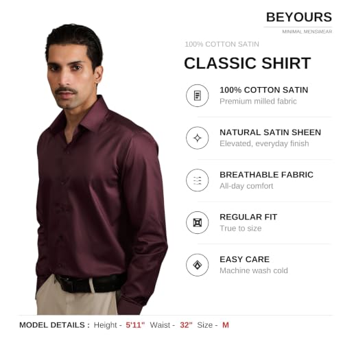 Image of BEYOURS Men's Full Sleeve Shirt Regular Fit Spread Collar 100% Cotton Satin Office & Formal.