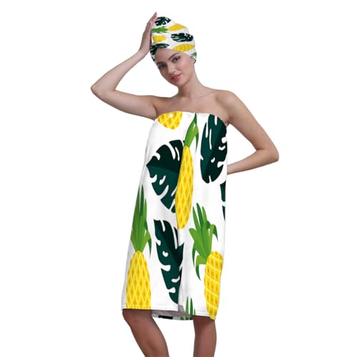 Surwin Falda Escocesa para Sauna Mujer con Toalla Pelo, Albornoz Ducha Mujer con Toalla Pelo Microfibra Suave y Absorbente Falda de Baño Usable para Sauna SPA Ducha (Fruta tropical 13)