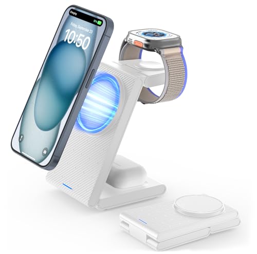 JoyGeek 3-in-1 Wireless Charging Station for MagSafe,Foldable Travel Charger Stand for iPhone 15/14/13/12 Series, Fast Magnetic Charging Dock for Apple Watch Ultra 2/9/8/7/6/SE/5/4/3/2,AirPods Pro 3/2