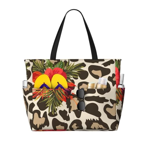 Sac de plage à motif fleur d'hibiscus léopard grand volume