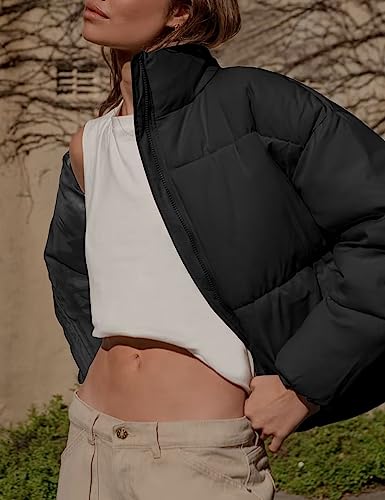 Wyeysyt Women's Winter Zip Cropped Puffer Jacket Long Sleeve Warm Short Down Coats Stand Collar Quilted Jacket with Pockets(Black-M)4
