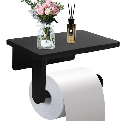 Black Wall-Mounted Toilet Paper Holder with Marble Shelf