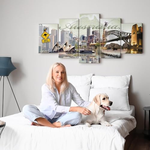 B&D XXL - Wandbilder XXL Australien 100x50cm 5 tlg - Wand Deko Leinwand Bilder Groß Wanddeko Wohnzimmer Schlafzimmer Kunstdrucke - Architektur Sydney Stadt 020113-276