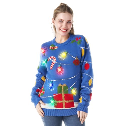 JOYIN Suéter feminino de Natal com iluminação LED, suéter feio de Natal de rena com lâmpadas, Azul e