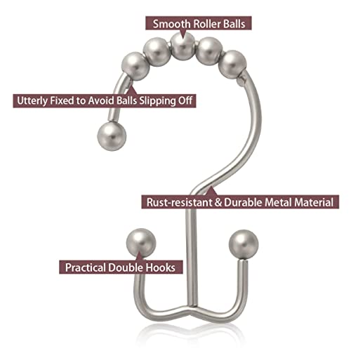 Image of Shower Curtain Hooks Rust Resistant Shower Curtain Rings Metal Glide Rollers Shower Hooks for Bathroom Shower Curtain Rods Curtains, Set of 12