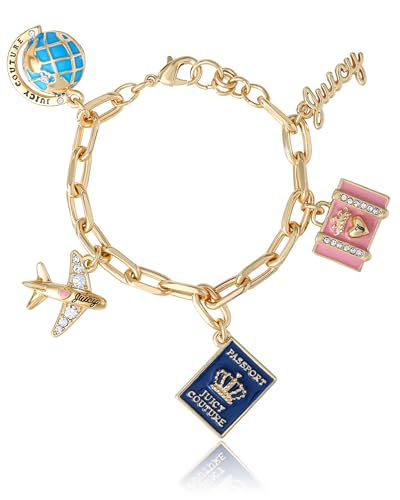 Juicy Couture Globetrotter Charm Bracelet for Women 7.5", Gold-Tone Chunky Bracelet with 5 Charms