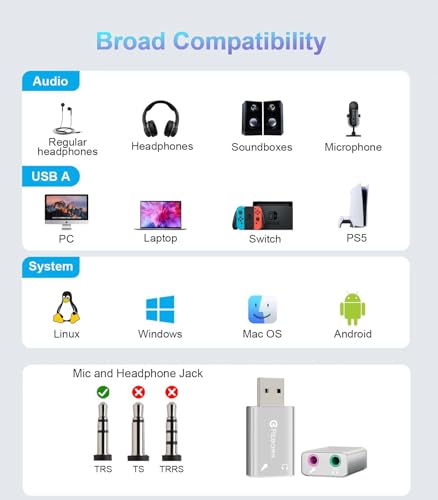 Reborn USB External Stereo Sound Audio Adapter, Alloy 3.5mm Universal Jack (Headphone/Microphone), Compatible with Windows, Mac, Linux, PC laptops, Plug and Play - 1 Pack
