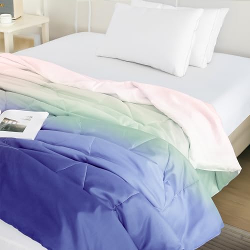 Image of Ac Comforter Single Bed Ombre with Satin Finish 240 GSM - Reversible AC Comforter - Blue Comforter Quilt Duvet Dohar Blanket for Summer 150x225cm