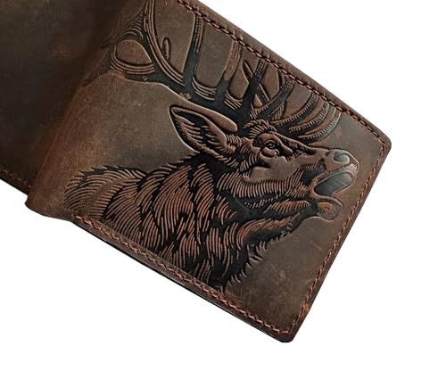 Image of Genuine leather handcrafted wallet, bifold Classic Style, Deer head design