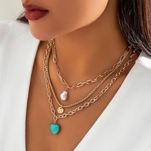 Gold Layered Necklaces Country Concert Outfits for Women Western Turquoise Pearl Necklace Boho Jewelry Cowboy Cowgirl Necklaces Vintage Bohemian Accessorie Christmas3