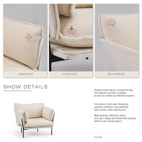 Image of Modern Boucle Accent Chairs Set of 2 for Living Room Chairs,Oversized Upholstered Reading Chair Lounge Armchair with Sturdy Metal Legs,Comfy Single Sofa Chair for Living Room,Waiting Room(Cream)