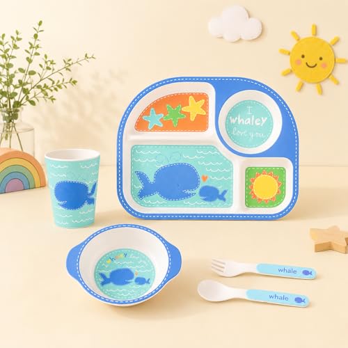 Image of Bamboo Kids Feeding Set of 5 |Kids Crockery Set Tableware |Baby Utensils and Dishes Set | Eco-Friendly |Organic & Natural (Wobbly Whale.)